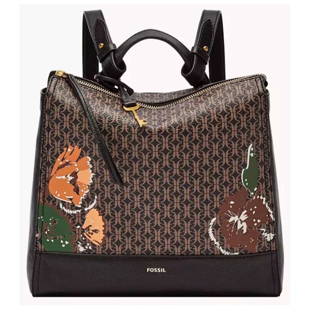 S Fossil Elina Convertible Black Brown Floral Logo Backpack SHB2999979 NWT $180